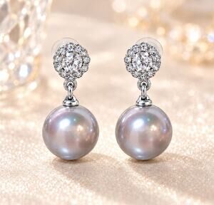 925 Silver Post Gray Pearl Rhinestone Dangle Drop Stud Earrings new